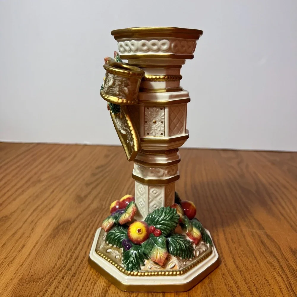 Vintage Fitz & Floyd Classics Christmas Taper Candle Holder Holly Fruit Gold 10